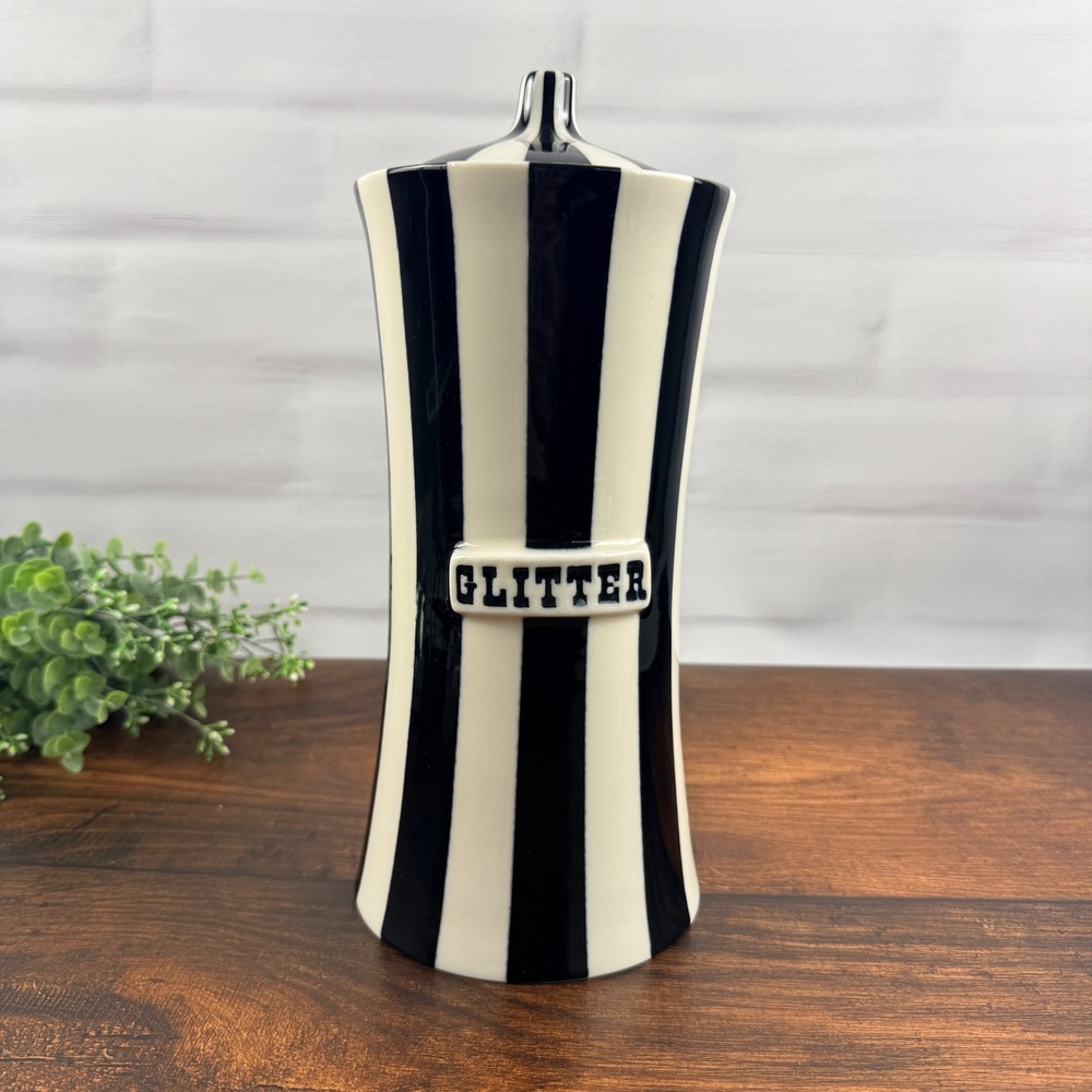 Jonathan Adler Vice Glitter Canister Retired Black White Stripe Porcelain Jar